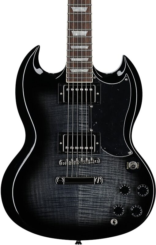 open zoom image for Epiphone SG Tribute Plus Electric Guitar, Ebony Burst, Body Straight Front