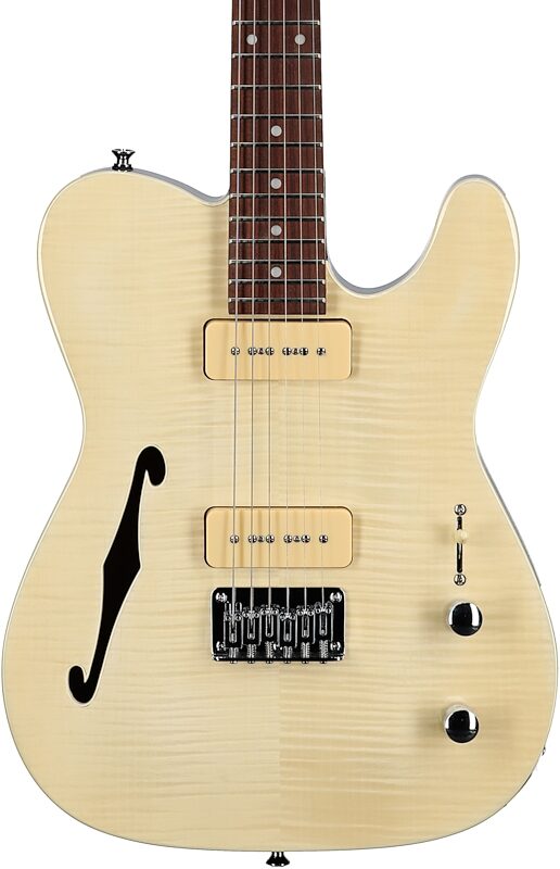 open zoom image for Michael Kelly 59 Thinline Electric Guitar, Natural Top, Flame Maple, Body Straight Front