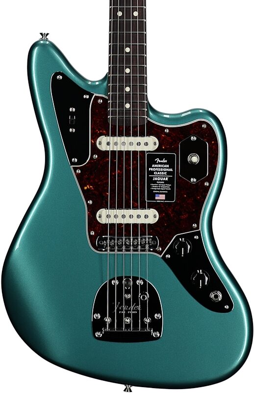 open zoom image for Fender American Professional Classic Jaguar Electric Guitar, Rosewood Fingerboard (with Gig Bag), Sherwood Green, Open Box (Very Good), Body Straight Front