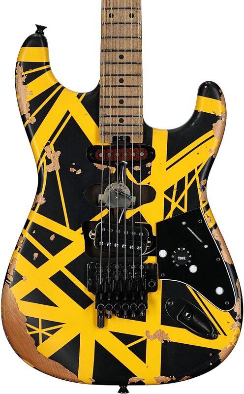 open zoom image for EVH Eddie Van Halen Limited Edition Striped Frankie Electric Guitar (with Gig Bag), Aged Black and Yellow Striped, Body Straight Front