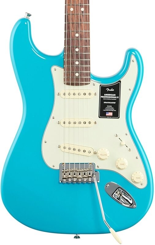 open zoom image for Fender American Professional II Stratocaster Electric Guitar, Rosewood Fingerboard (with Case), Miami Blue, Body Straight Front