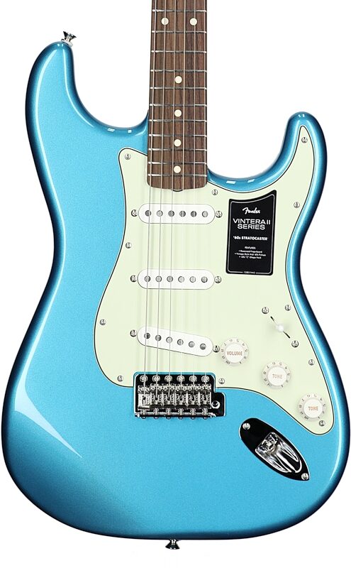 open zoom image for Fender Vintera II '60s Stratocaster Electric Guitar, Rosewood Fingerboard (with Gig Bag), Lake Placid Blue, Body Straight Front