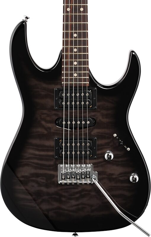 open zoom image for Ibanez GRX70QA Electric Guitar, Transparent Black Sunburst, Body Straight Front
