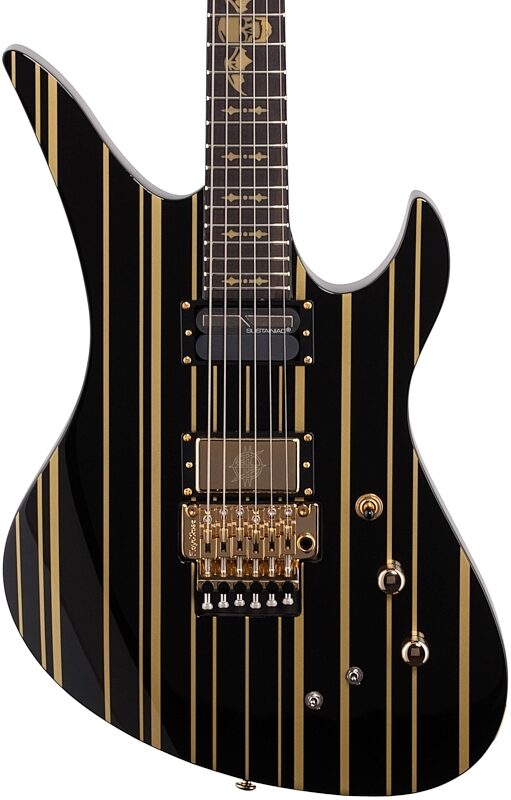 open zoom image for Schecter Synyster Gates Custom S Electric Guitar, Black with Gold Stripes, Body Straight Front