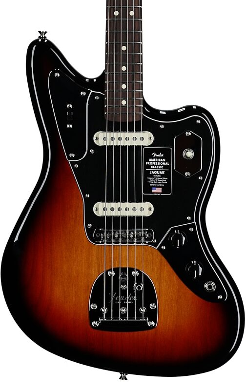 open zoom image for Fender American Professional Classic Jaguar Electric Guitar, Rosewood Fingerboard (with Gig Bag), 3-Color Sunburst, Body Straight Front