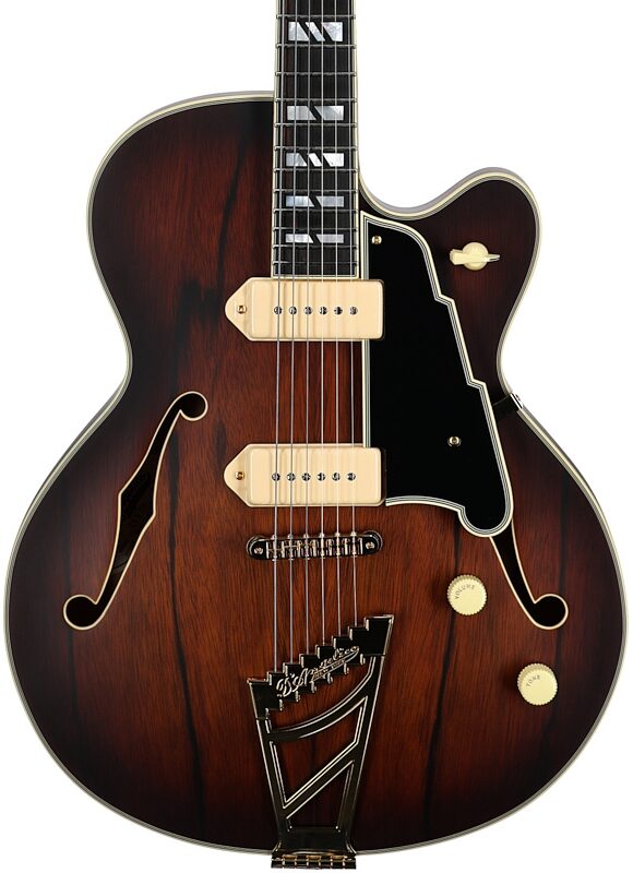 open zoom image for D'Angelico Deluxe 59 Hollowbody Electric Guitar, Satin Brown Burst, Body Straight Front