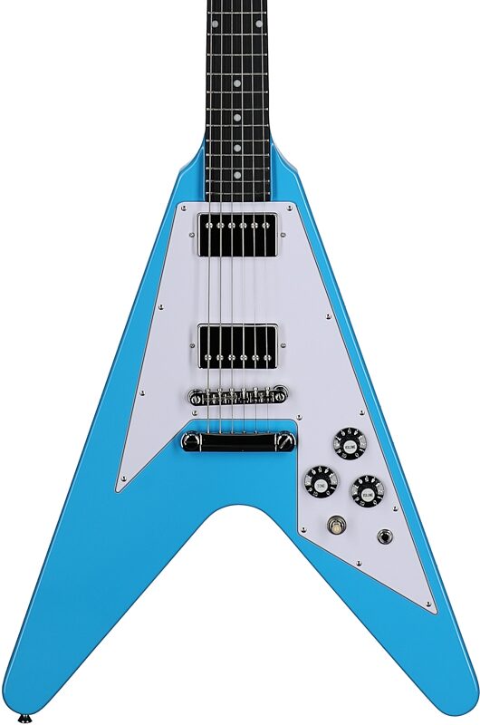 open zoom image for Epiphone Inspired by Gibson Flying V '70s Electric Guitar (with Gig Bag), Maui Blue, Body Straight Front