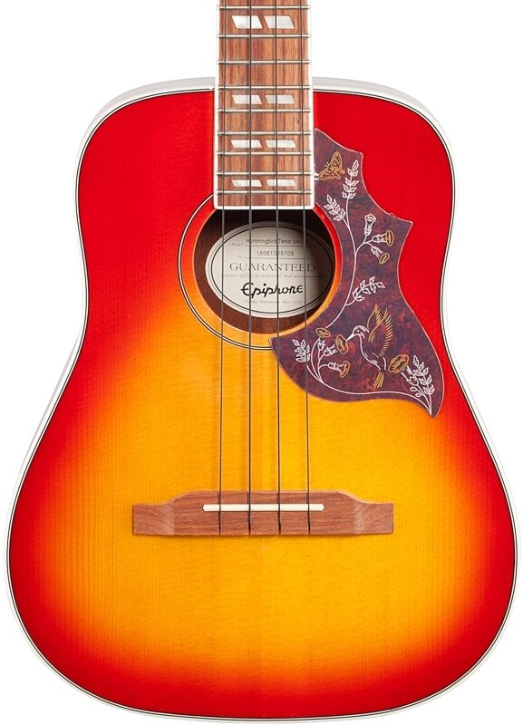 open zoom image for Epiphone Hummingbird Tenor Acoustic-Electric Ukulele (with Gig Bag), Faded Cherry Sunburst, Body Straight Front