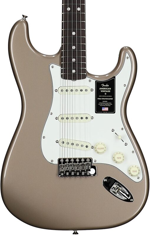 open zoom image for Fender American Vintage II 1965 Stratocaster Electric Guitar, Rosewood (with Case), Shoreline Gold, Open Box (Very Good), Body Straight Front