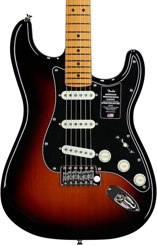 open zoom image for Fender American Professional Classic Stratocaster Electric Guitar, Maple Fingerboard (with Gig Bag), 3-Color Sunburst, Body Straight Front
