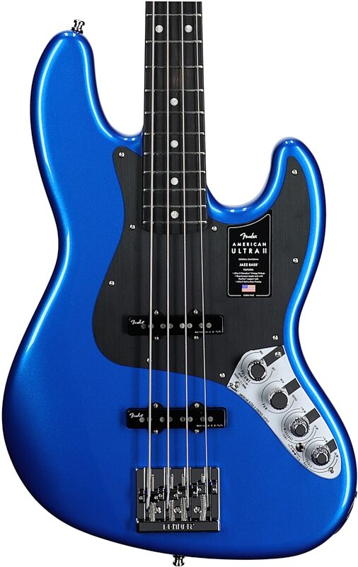 open zoom image for Fender American Ultra II Jazz Electric Bass, with Ebony Fingerboard (with Case), Noble Blue, Body Straight Front