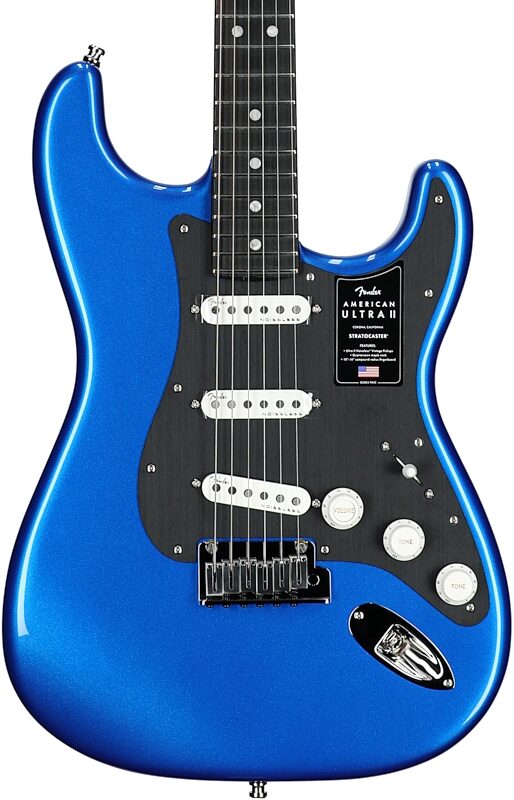 open zoom image for Fender American Ultra II Stratocaster Electric Guitar, Ebony Fingerboard (with Case), Noble Blue, Body Straight Front