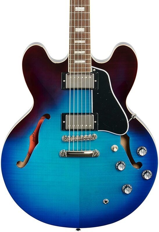 open zoom image for Epiphone ES-335 Figured Semi-Hollowbody Electric Guitar, Blueberry Burst, Body Straight Front