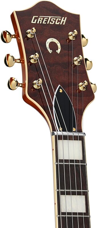 open zoom image for Gretsch G6120TGQM-56 Limited Edition Quilt Classic Hollow Body Electric Guitar (with Case), Roundup Orange Stain Lacquer, Serial Number JT24040949, Headstock Left Front