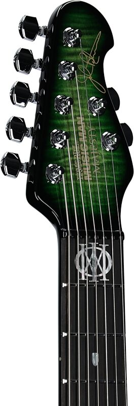 open zoom image for Ernie Ball Music Man Majesty 7 Electric Guitar, 7-String (with Case), Malachite, Serial Number M019637, Headstock Left Front