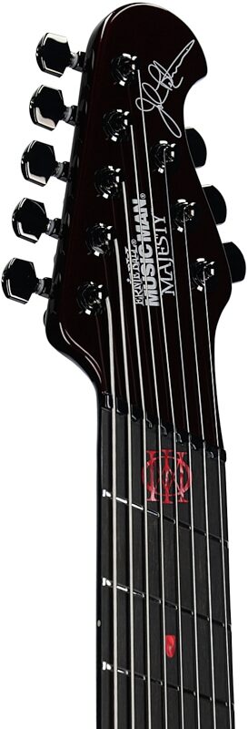 open zoom image for Ernie Ball Music Man Majesty 8 Premium Select Electric Guitar, 8-String, Carnelian Red, Black Hardware, Serial Number M021833, Headstock Left Front