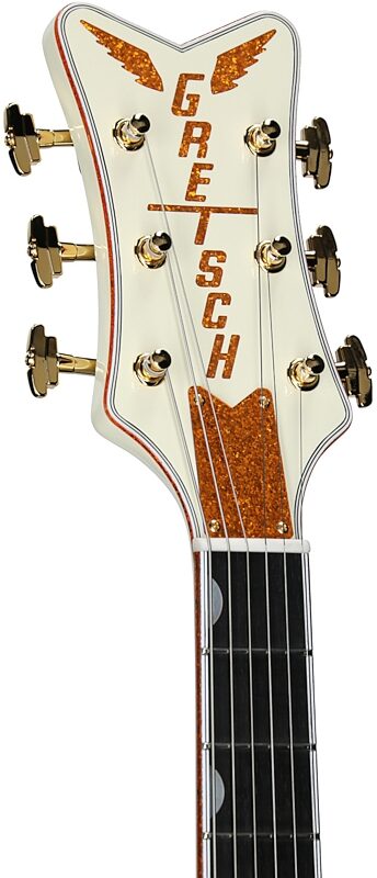 open zoom image for Gretsch G6134T58 Vintage Select 58 Electric Guitar (with Case), Penguin White, Serial Number JT26020447, Headstock Left Front