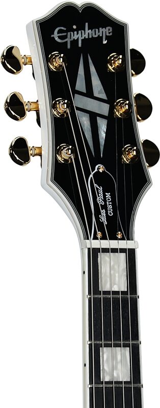 open zoom image for Epiphone Inspired by Gibson Les Paul Custom Electric Guitar, (with Gig Bag), Alpine White, Headstock Left Front
