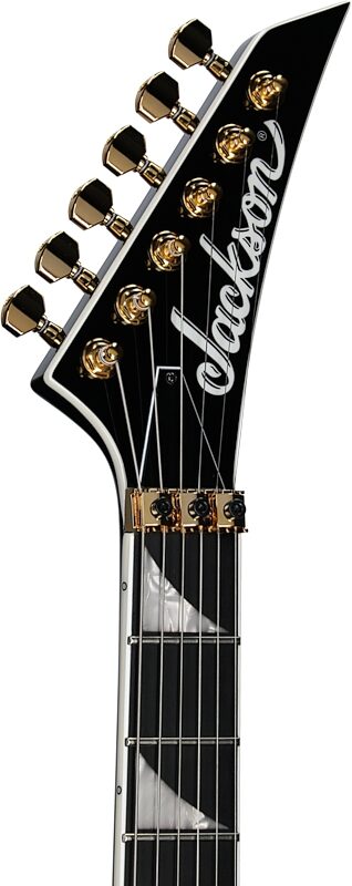 open zoom image for Jackson MJ Rhoads RR24MG Electric Guitar (with Case), Black with Yellow Pinstripes, Headstock Left Front