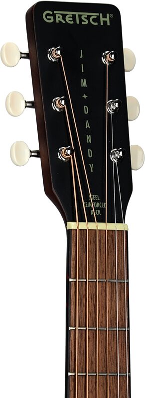 open zoom image for Gretsch Jim Dandy Deltoluxe Parlor Acoustic-Electric Guitar, Black Top, Headstock Left Front