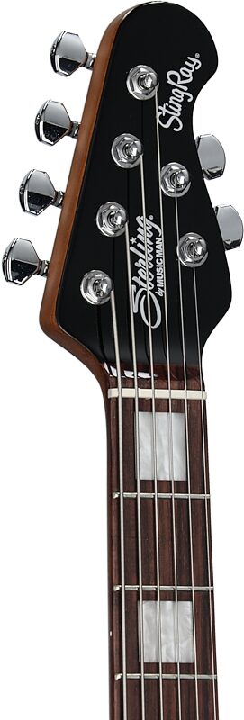 open zoom image for Sterling by Music Man StingRay Baritone Electric Guitar, Toluca Lake Blue, Headstock Left Front