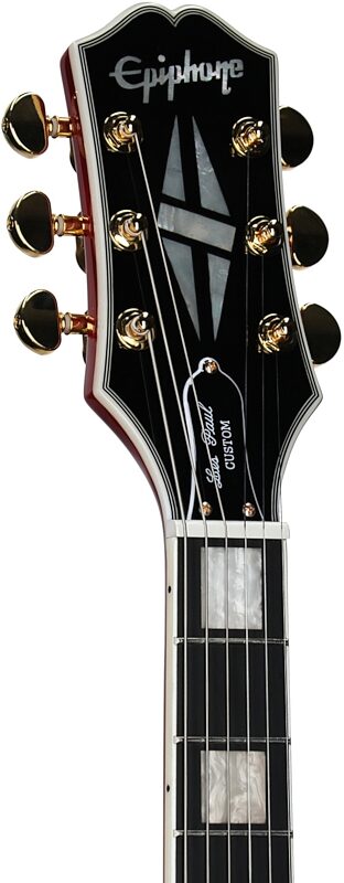 open zoom image for Epiphone Inspired by Gibson Les Paul Custom Electric Guitar, (with Gig Bag), Heritage Cherry Sunburst, Headstock Left Front