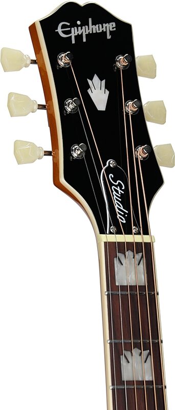 open zoom image for Epiphone J-200 Studio Jumbo Acoustic-Electric Guitar, Left-Handed (with Gig Bag), Natural, Headstock Left Front