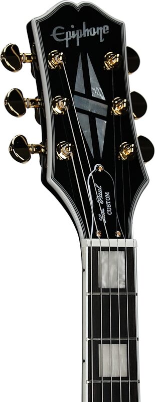 open zoom image for Epiphone Inspired by Gibson Les Paul Custom Electric Guitar, (with Gig Bag), Ebony, Headstock Left Front