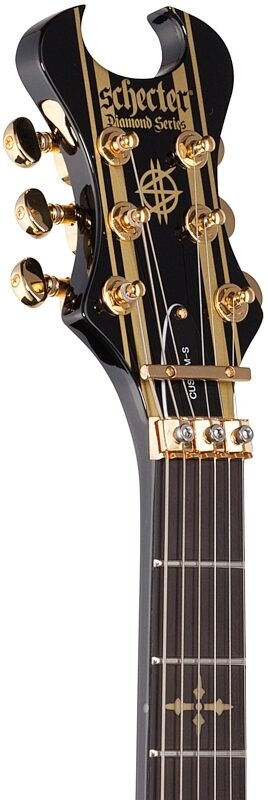 open zoom image for Schecter Synyster Gates Custom S Electric Guitar, Black with Gold Stripes, Headstock Left Front
