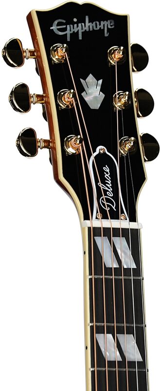 open zoom image for Epiphone Inspired by Gibson Custom Hummingbird Deluxe EC Acoustic Guitar (with Soft Case), Natural, Headstock Left Front