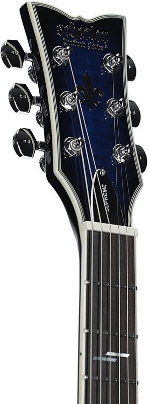 open zoom image for Schecter Solo II Supreme Electric Guitar, Blue Burst, Headstock Left Front