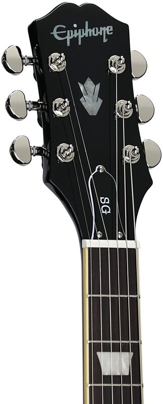 open zoom image for Epiphone Inspired by Gibson SG Standard Electric Guitar, Left-Handed (with Gig Bag), Ebony, Headstock Left Front