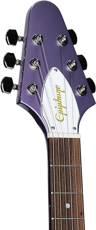 open zoom image for Epiphone Kirk Hammett 1979 Flying V Electric Guitar (with Hard Case), Purple Metallic, Headstock Left Front