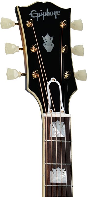 open zoom image for Epiphone Inspired by Gibson Custom 1957 SJ-200 Reissue Acoustic-Electric Guitar (with Case), Vintage Sunburst, Headstock Left Front