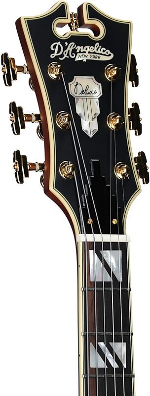 open zoom image for D'Angelico Deluxe 59 Hollowbody Electric Guitar, Satin Brown Burst, Headstock Left Front