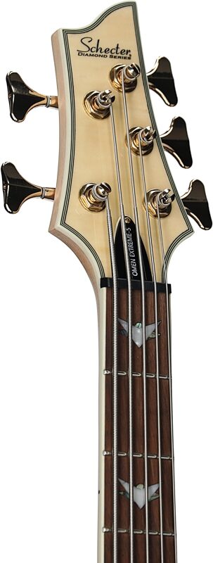 open zoom image for Schecter Omen Extreme-5 5-String Electric Bass, Gloss Natural, Headstock Left Front