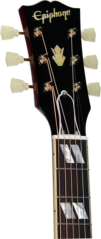 open zoom image for Epiphone Inspired by Gibson Custom 1960 Hummingbird Acoustic-Electric Guitar (with Case), Heritage Cherry Sunburst, Headstock Left Front