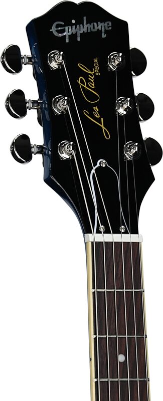 open zoom image for Epiphone Inspired by Gibson Les Paul Special Double Cut Figured Electric Guitar (with Gig Bag), Ocean Water, Headstock Left Front