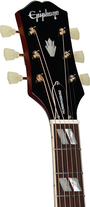 open zoom image for Epiphone Inspired by Gibson Hummingbird Standard Acoustic-Electric Guitar (with Gig Bag), Cherry Sunburst, Headstock Left Front