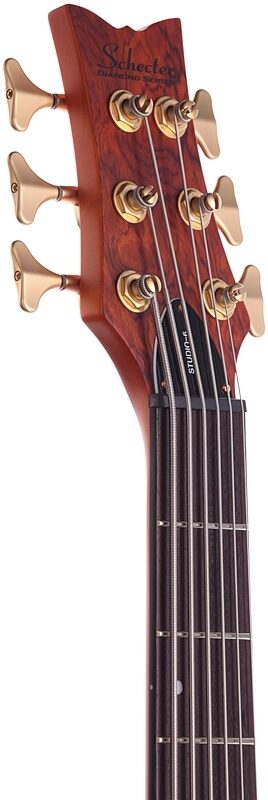 open zoom image for Schecter Stiletto Studio-6 6-String Electric Bass, Honey Satin, Headstock Left Front