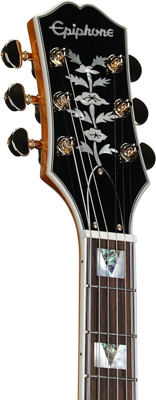 open zoom image for Epiphone Sheraton Semi-Hollowbody Electric Guitar (with Gig Bag), Natural, with Gold Hardware, Headstock Left Front