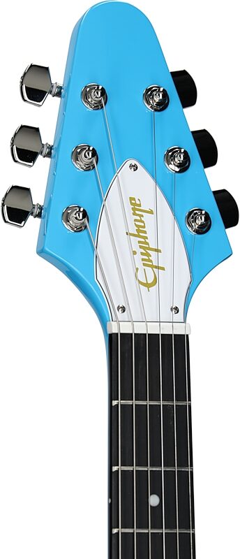 open zoom image for Epiphone Inspired by Gibson Flying V '70s Electric Guitar (with Gig Bag), Maui Blue, Headstock Left Front
