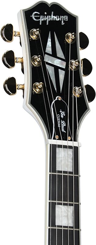open zoom image for Epiphone Les Paul Custom Electric Guitar, Left-Handed, Alpine White, with Gold Hardware, Headstock Left Front