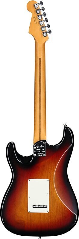 open zoom image for Fender American Ultra Luxe Vintage '50s Stratocaster Electric Guitar, with Maple Fingerboard (with Case), 3-Color Sunburst, Serial Number US25004588, Full Straight Back