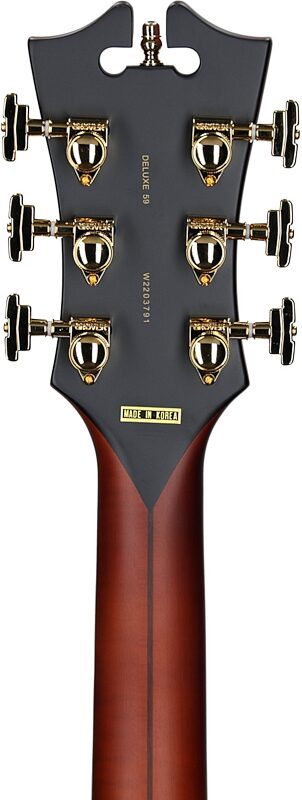 open zoom image for D'Angelico Deluxe 59 Hollowbody Electric Guitar, Satin Brown Burst, Headstock Straight Back