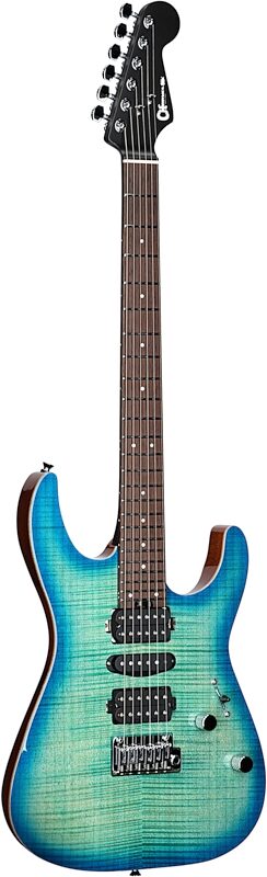 open zoom image for Charvel MJ DK24 HSH 2PT W Mahogany Electric Guitar (with Gig Bag), Flame Top Caribbean Burst, Serial Number JDC2400451, Body Left Front