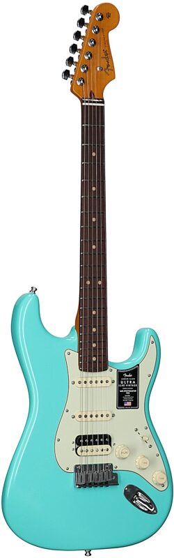 open zoom image for Fender American Ultra Luxe Vintage '60s Stratocaster HSS Electric Guitar, Rosewood Fingerboard, Seafoam Green, Serial Number US26000831, Body Left Front