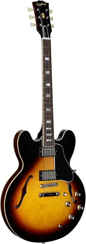 open zoom image for Epiphone Inspired by Gibson Custom 1962 ES-335 Reissue Electric Guitar (with Case), Vintage Burst, Body Left Front