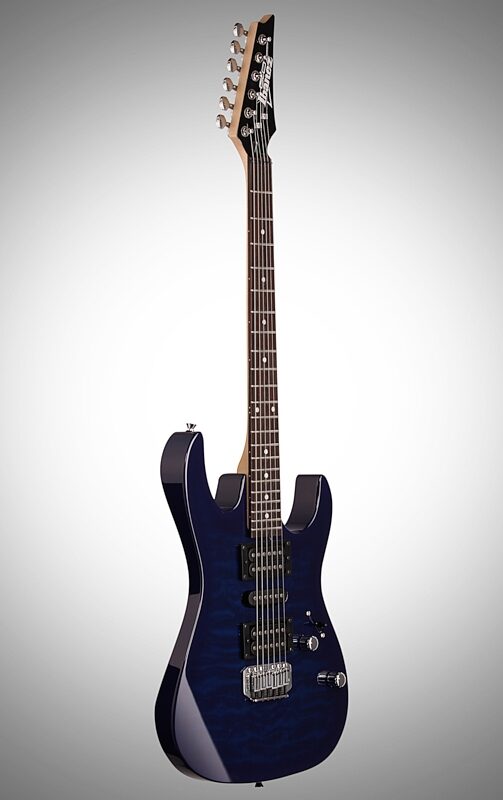 open zoom image for Ibanez GRX70QA Electric Guitar, Transparent Blue Burst, Body Left Front