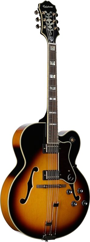 open zoom image for Epiphone Broadway Archtop Hollowbody Electric Guitar (with Gig Bag), Vintage Sunburst, Body Left Front